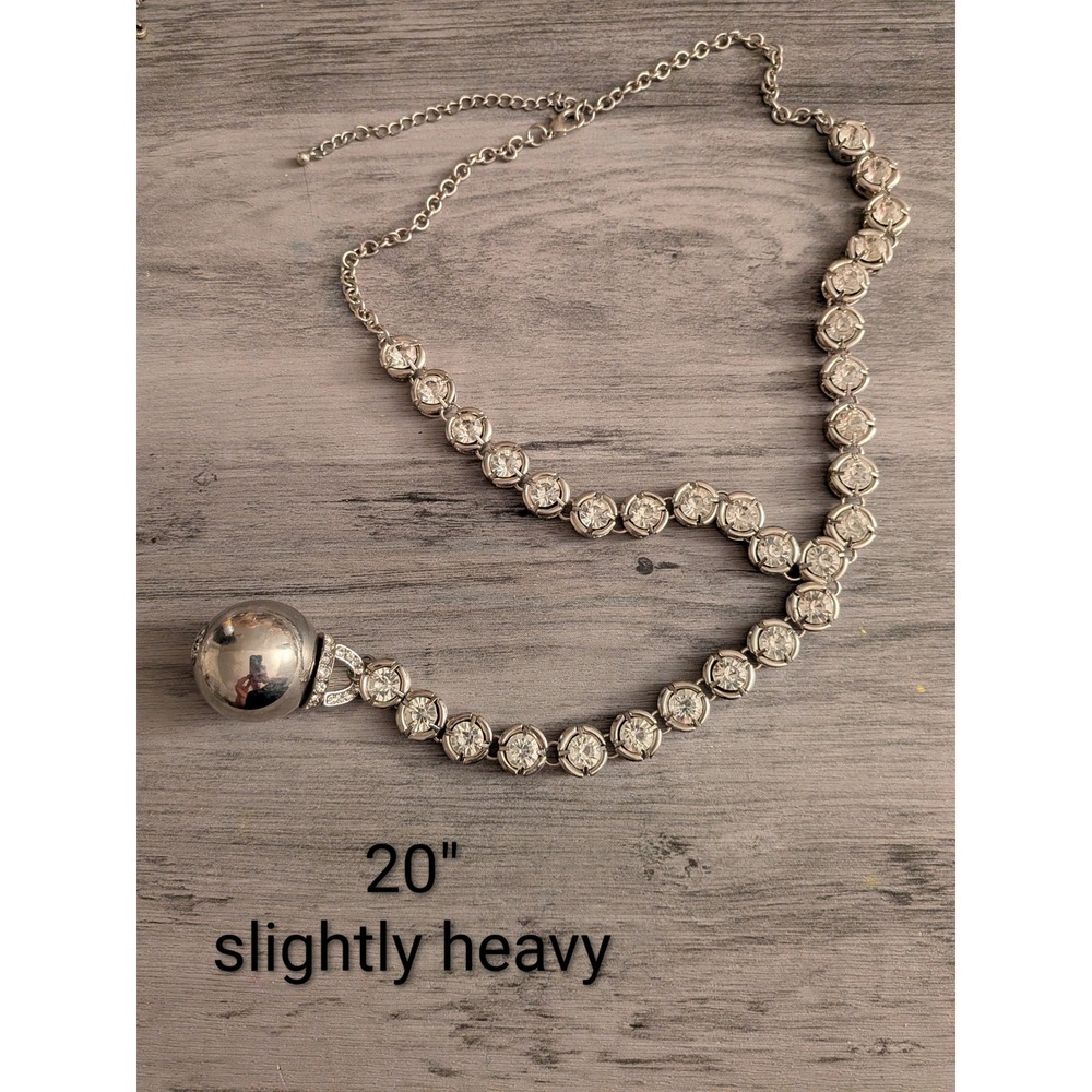 Silver Tone Crystal Bezel Y-Drop Necklace Large Orb Pendant 20 Inch Adjustable